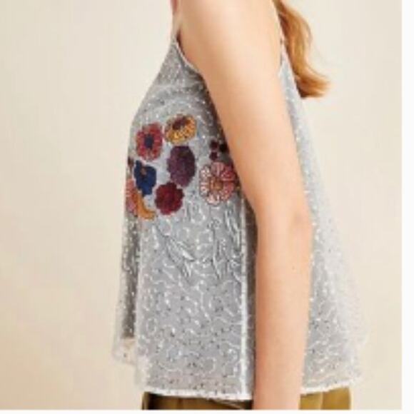 Seen Worn Kept Anthro Silver Floral Sequined Embroidered Cami, size XS - Picture 4 of 9